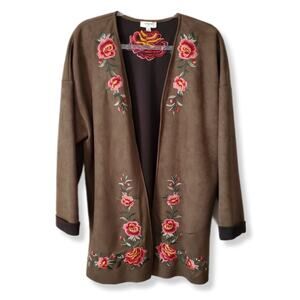 Umgee Women Faux Vegan Suede Embroidered Jacket Cardigan M Floral Boho Country